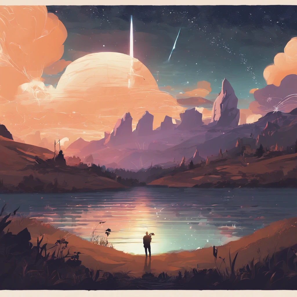 Wide sky: Show off the vast night sky, Make sure that stars and meteors take up most of the composition., Dynamic Meteors: Capture the movement and energy of meteors across the sky, Creating a sense of movement and wonder., idyllic scenery: Consider adding quiet landscaping, mountain in the distance々and calm waters, etc., Enhances a sense of peace and tranquility.