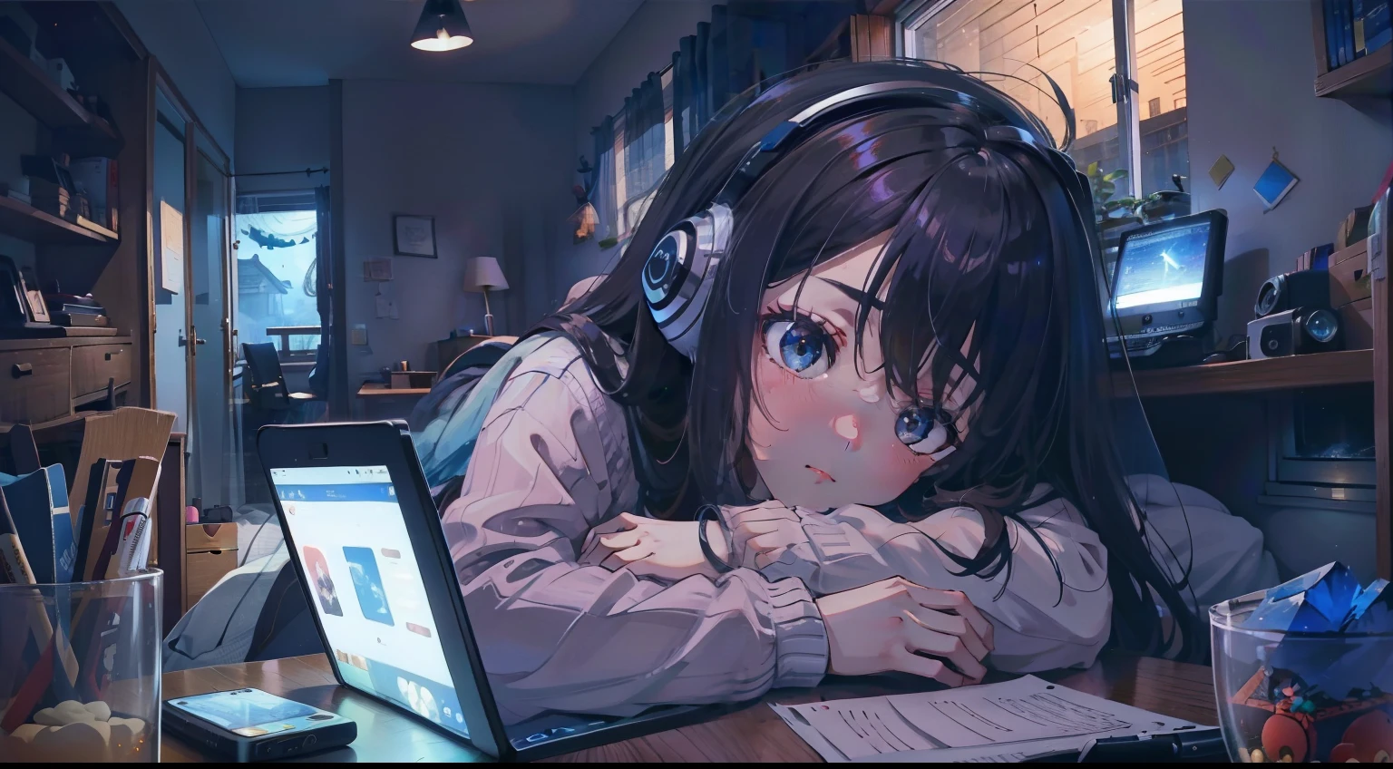 Bedroom, sleep, window, Night, a computer, head phone, chuunibyou, 1girl in, fisheyes, Very long hair,