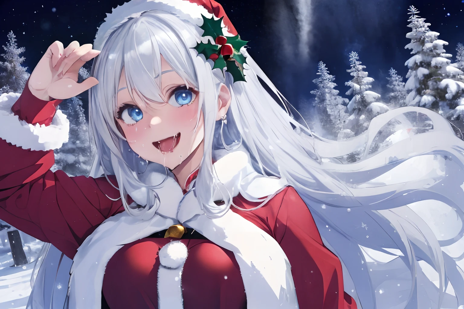 Christmas,Snowy landscape in winter,beautiful ilumination,Santa Claus in a voluminous luxurious dress,Silvery hair,Blue eyes,There are a lot of ornaments and gifts around,Happy smile,Wear sheer clothes、The air was also transparent.,Multiple men,SEX,I'm flirting with a body that is in close contact,Drooling and happy expression,red tide,Kiss Face