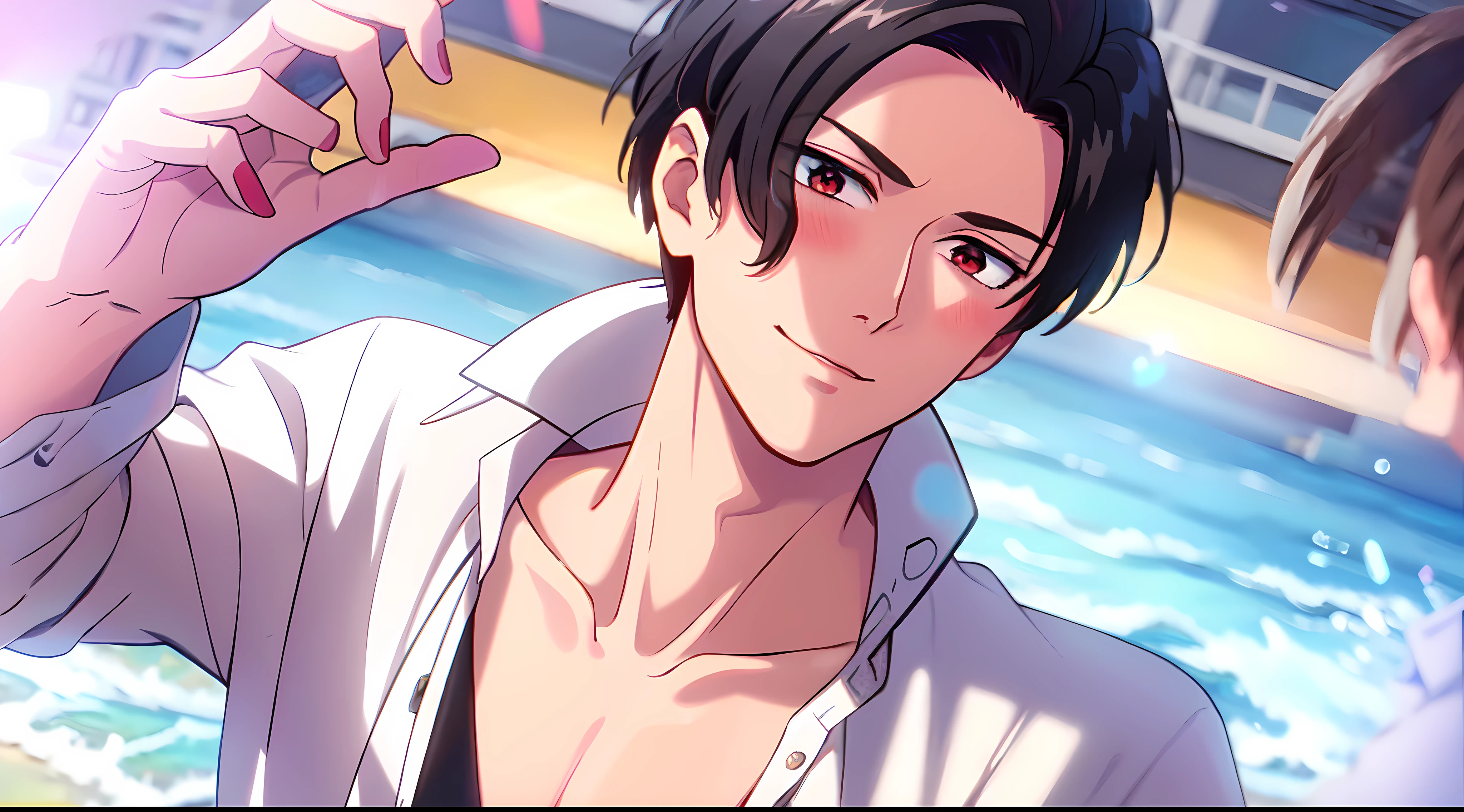 masterpiece, (1Boy), luci, red eyes, black hair, look at viewer, blush, light smile, closed mouth, (Beach), close up, (white colared shirt), open chest