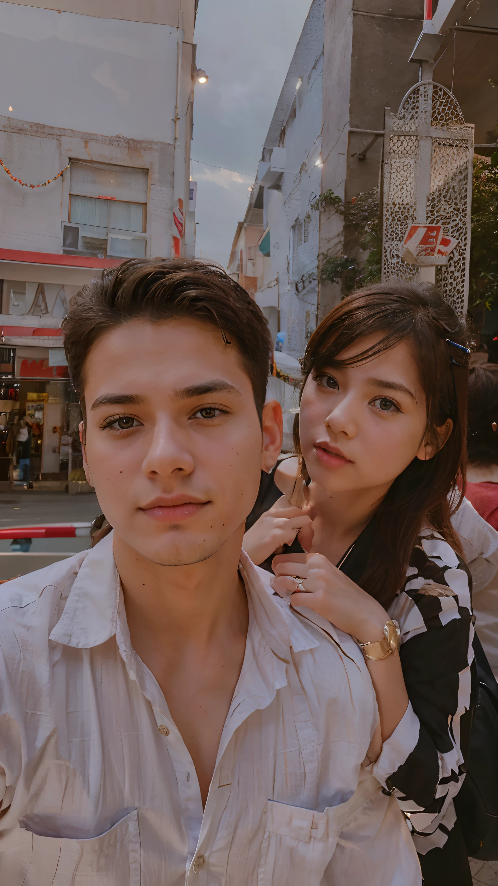There is a man and woman posing for a picture on the street - SeaArt AI