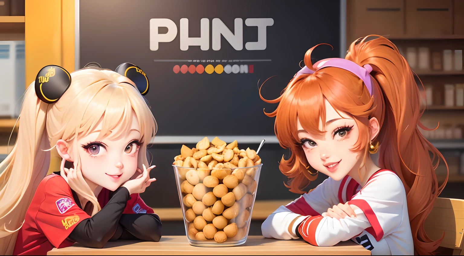 Generate a brand logo that meets the following criteria:
1. Trade name: P-nuts
2. 「let’s nuts?」That's the slogan
3.It is a brand of dating app
4. Peanuts Character(girl with)
5. Anime-style
6. illustratio