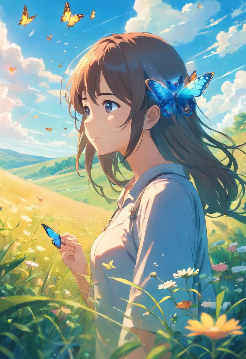 view of the meadow with blue skies and butterflies