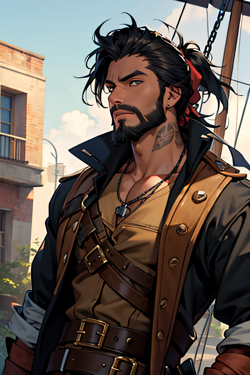 Pirate, 25 years, gunner, musketer, black hair, black beard, hazel eyes,