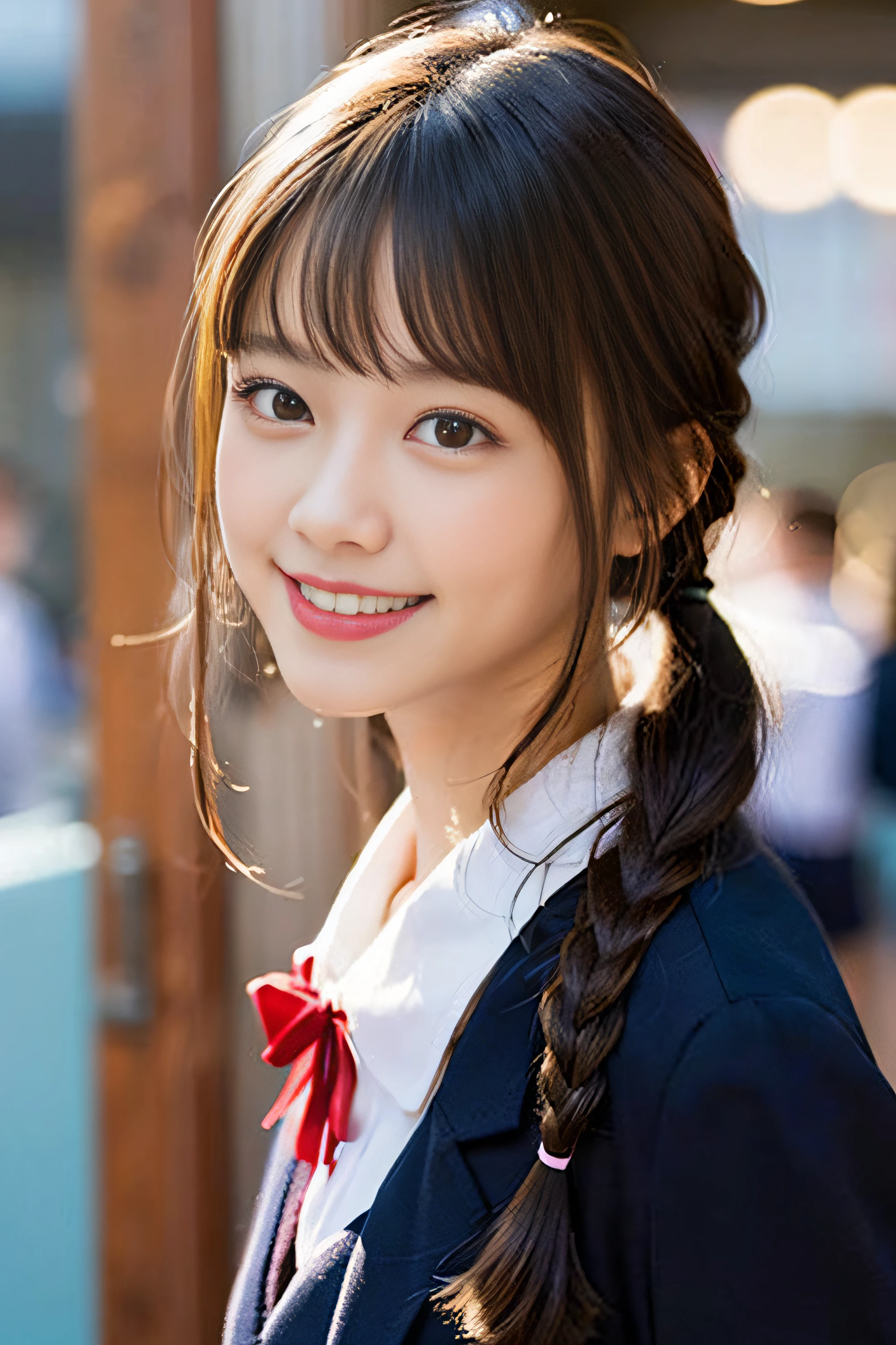 (8K、Raw photography、top-quality、masterpiece:1.2)、(realisitic、Photorealsitic:1.37)、ultra-detailliert、超A high resolution、1人、see the beholder、beautifull detailed face、A smile、Constriction、(Slim waist) :1.3)、Beautiful detailed skin、Skin Texture、Floating hair、Professional Lighting、Whole human body、a blond、japanese hight school uniform、hi-school girl、School route、Winters、muffler、Red ribbons、Bob Hair、Happy smile、Suppin、Pigtails hairstyle、Braids、Constriction of the lower back