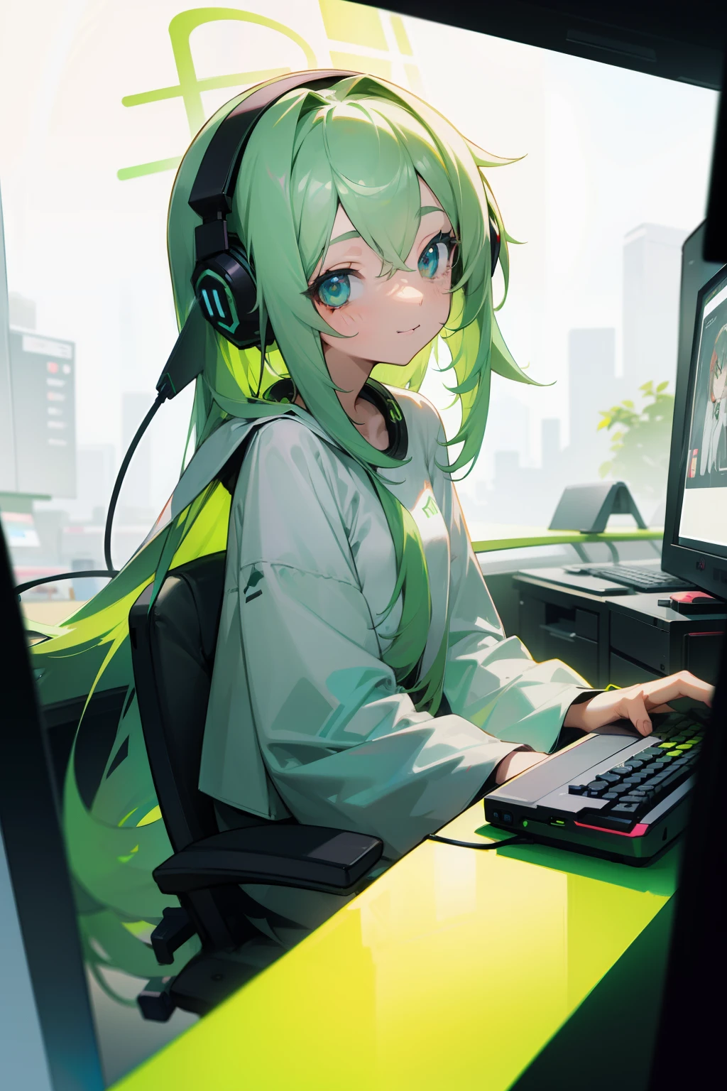 Long ash green hair, random colored eyes, girl, happy, small, cute, big shirt, computer, gaming, rgb lights, headphones, computer bacground