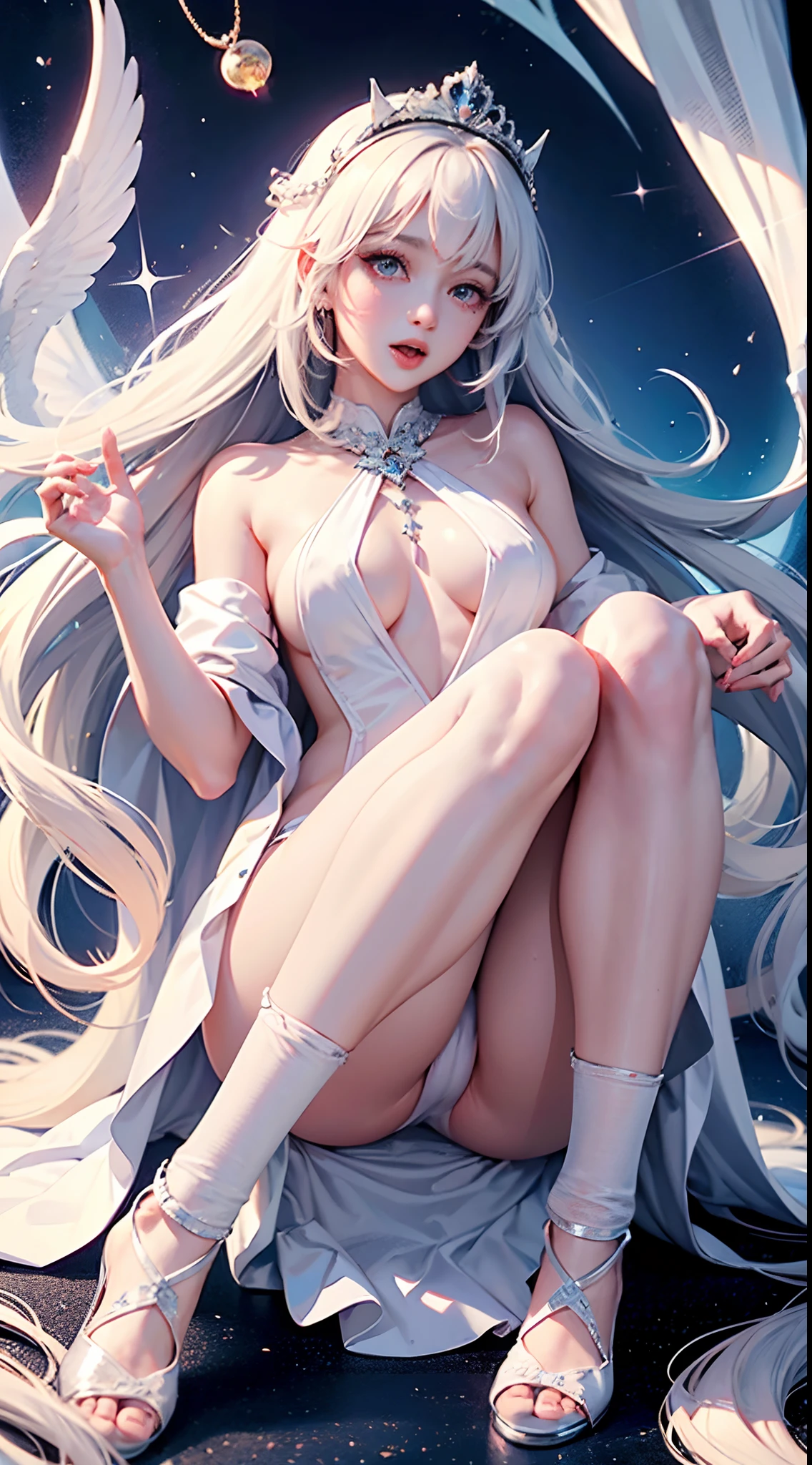 Princess of the Moonlit Night of the Throne of the Divine Seal，White silk pantyhose,open open mouth,spread their legs,Cute nose,cute and beautiful girl,The legs are relatively long,The chest is relatively large,Naked,,Face me below,The eyes are relatively large,Good facial features,Long hair，The reveal panties,The eyeballs are relatively large,sparkle in eyes,Tender feet,The nose is relatively large,White color hair,Raise your hands,Stick out her tongue，No shoes on，streaming tears,dual horsetail,perspire,Squat horse step,16K resolution