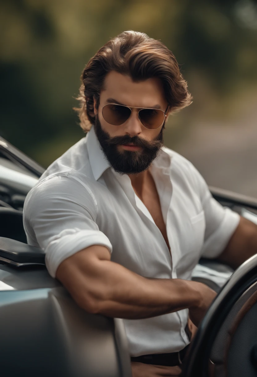 Homme en chemise, Seductive, 4K Photo Quality, raw, avec barbe, riche, avec une belle voiture en fond, (photo realist)(Best Quality)(8K)(Hdr)
