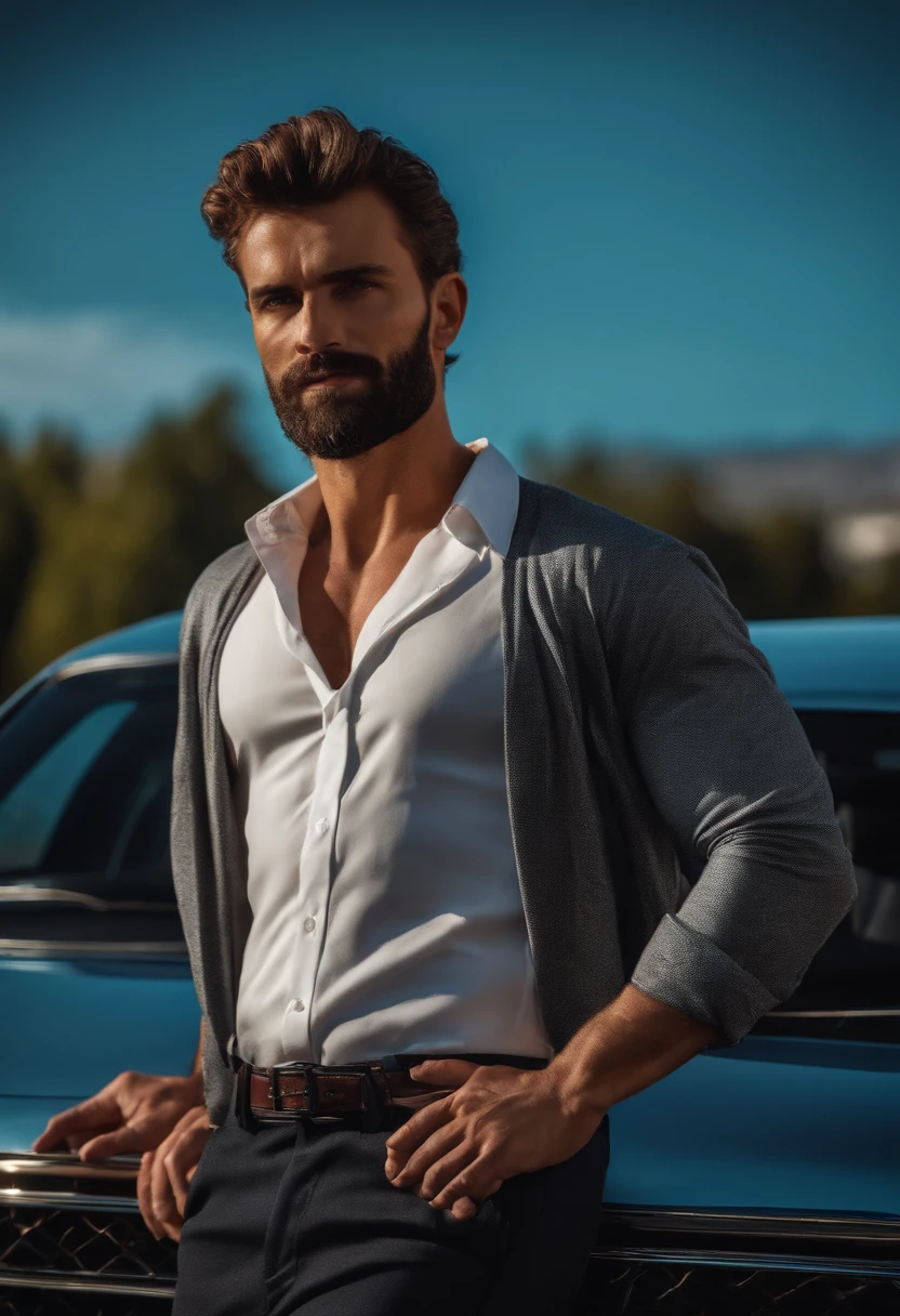 Homme en chemise, Seductive, 4K Photo Quality, raw, avec barbe, riche, avec une belle voiture en fond, (photo realist)(Best Quality)(8K)(Hdr)