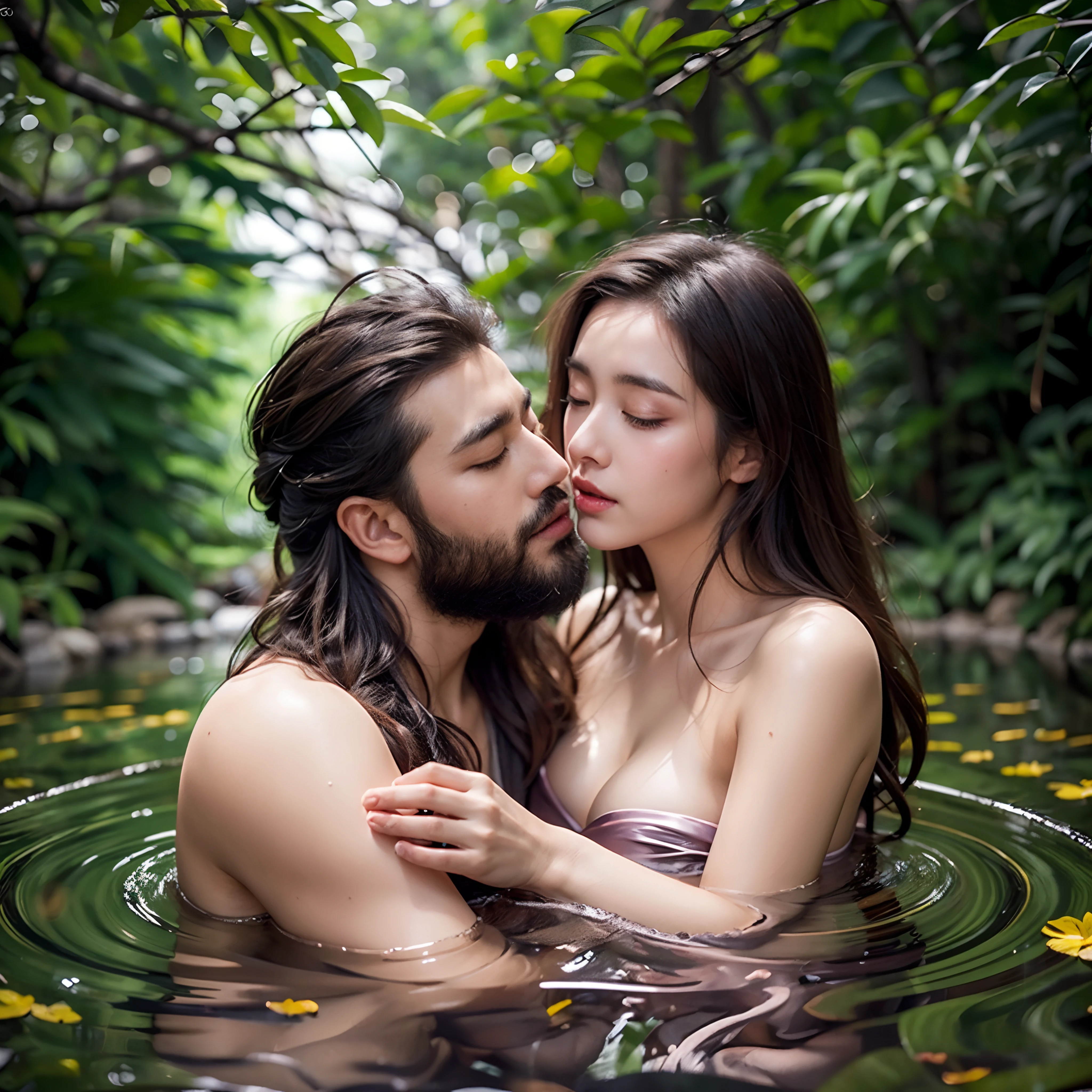 Best quality, masterpiece, (photorealistic:2), meticulous detail, high res, 8k raw photo, a hot couple in the hot spring in misty forest, big breast, long legs, big hips, bright white skin, sexy, blushing, embarrassed, eyes closed