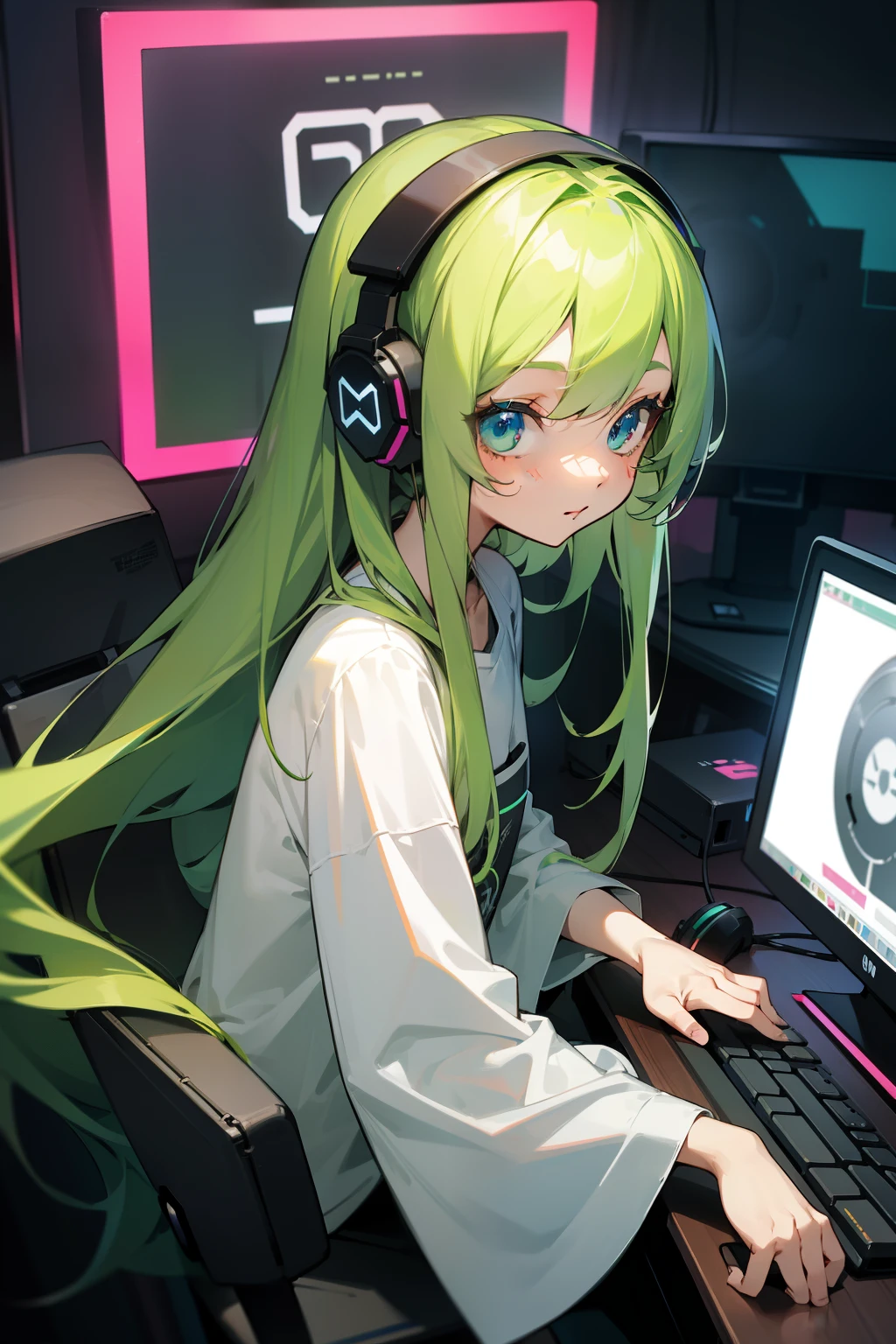 Long ash green hair, random colored eyes, girl, happy, small, cute, big shirt, computer, gaming, rgb lights, headphones, computer bacground