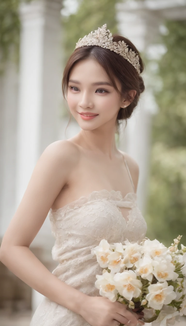 myth,argent, Treasure,Temple garden, Smile, 19 year old girl, Cute Girl, Beautiful Girl, Indonesian model, White healthy skin, Delicate eyes, completely , Exposed , Show armpits, Show your ass, Tied hair, Ethnic Earrings, flower tiara, Full body photo, Detailed hand, Detailed fingers, (Sexy body:1.2), (Slim waist:1.2),