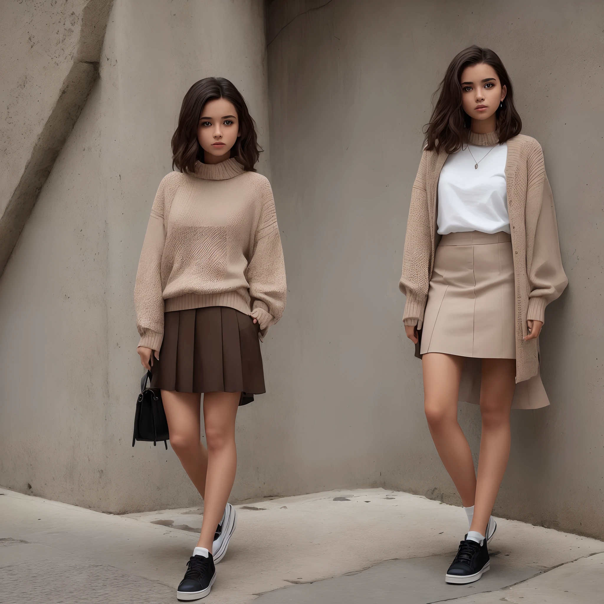woman wearing a brown sweater and a skirt posing for a photo, brown clothes, brown sweater, tonos marrones, Intrigante atuendo, wearing a brown, Traje multicapa, 🍂 Lindo, Brown, dull brown, tonos terrosos, colores marrones, Black and brown, vestimenta, foto del atuendo, INSPO, Traje de moda, Outfit muy sexy, Lindo streetwear casual, colores marrones, girl ,pelo ondulado largo,