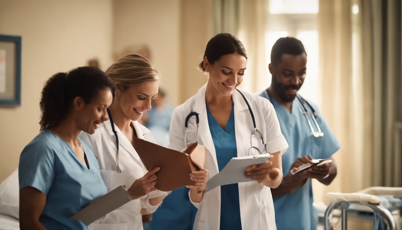 (masterpiece:1.2, best quality, highres), movie still, in a hospital, 3 medical staff, 1 nurse, holding a notepad, close-up, vibrant, joyful, warm and soft sunlight