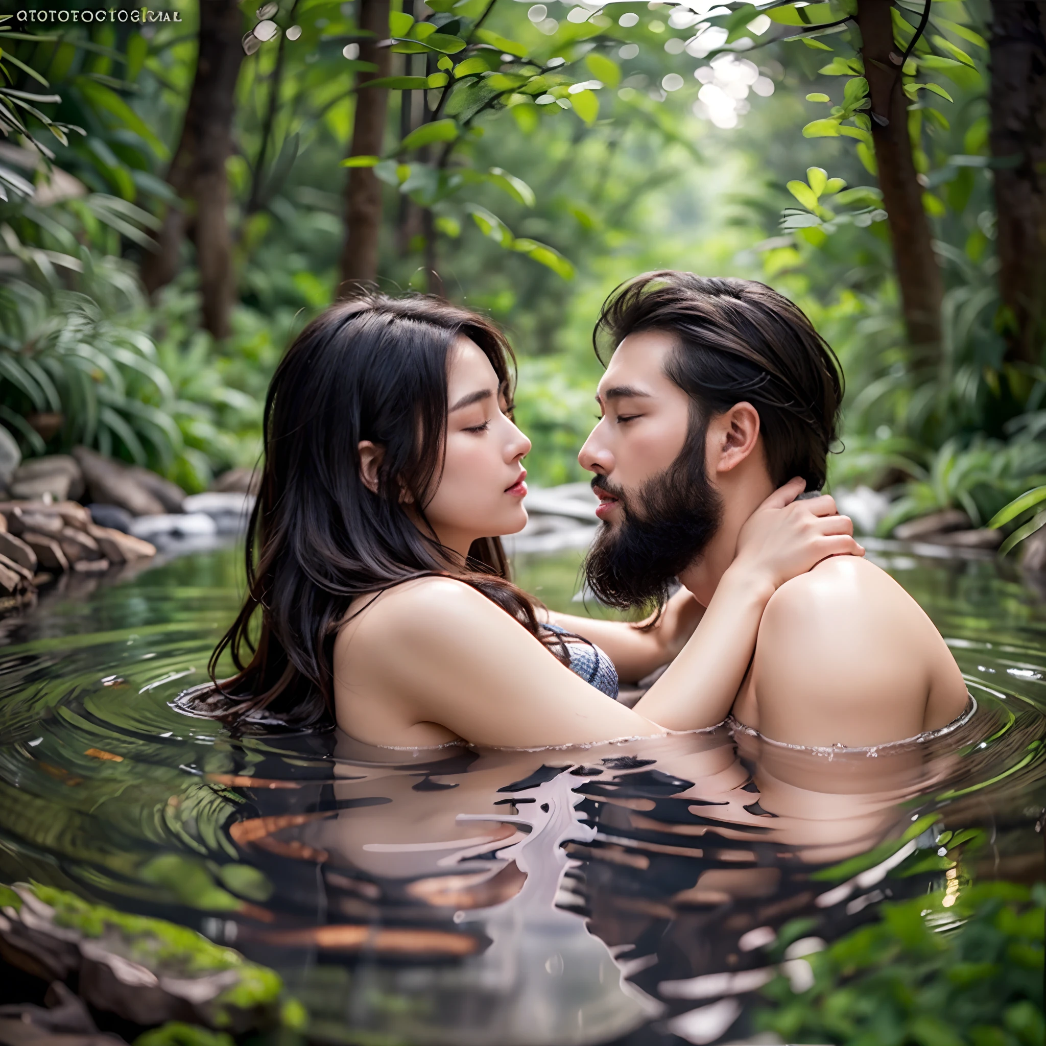 One female elf and one handsome man embracing in water, bodies pressed together, ((kissing, open mouth)), pornographic, (he has an erection), ((he is  her from behind:1.3)), (he is holding her hips), (penetration), lively, in water up to their chests, masterpiece, best quality, highres, hmsl1, hair flower, x hair ornament, naked, flower, standing,  soaked,  drenched, splashing, dripping wet, caressing, cupping breasts