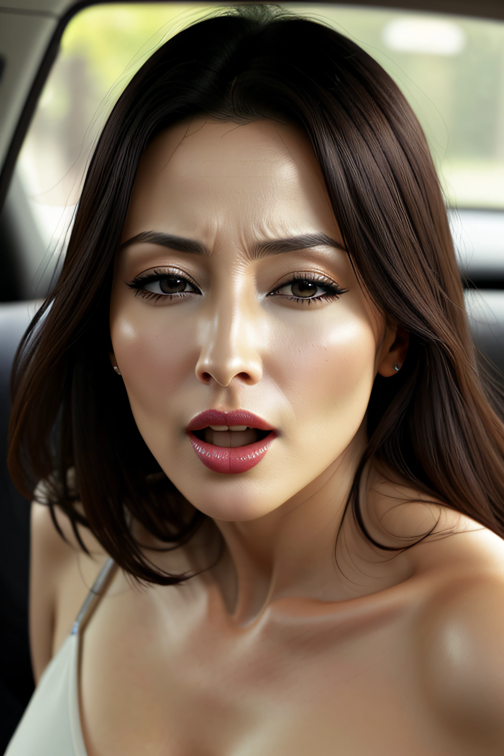 masutepiece,,award - winning photo, Extremely detailed, edgOrgasm,Face Focus, Woman with mouth open and eyes closed , Woman with Edge _Face、35 year old、A dark-haired、??? News Anchor、Glossy skin、In the car、