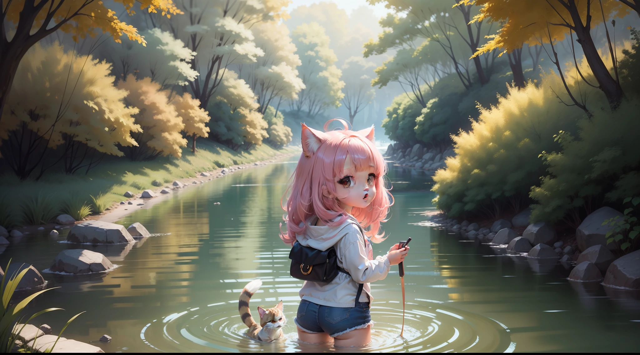 Chica gato ,chibi,dibujo anime ,growling,pelo rosa,peinado de coletas ,pelea con pescado ,Bottom of a river, calidad hd ,half-day,colores brillantes