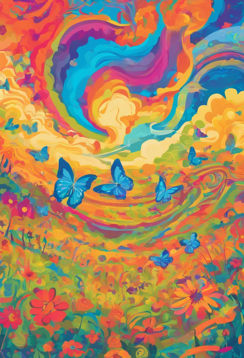 view of the meadow with blue skies and butterflies