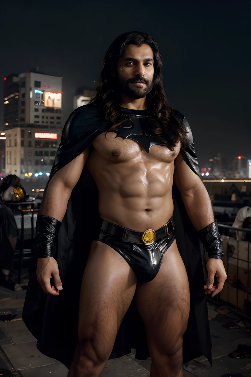 Indian Man wearing Only a Shiny Black Latex Short Underpants, Shirtless, No tops, Bare Body, Golden Batman Symbol Belt, Medium Long curly Hair falling aside face, Beards, Black Cape, Big , Bulky Physique, Hairy Body, Tan Skin Complexion, Standing, Crossed Arms, Dominating smile, Dark Semi-ruined Gotham Cyberpunk City in Background