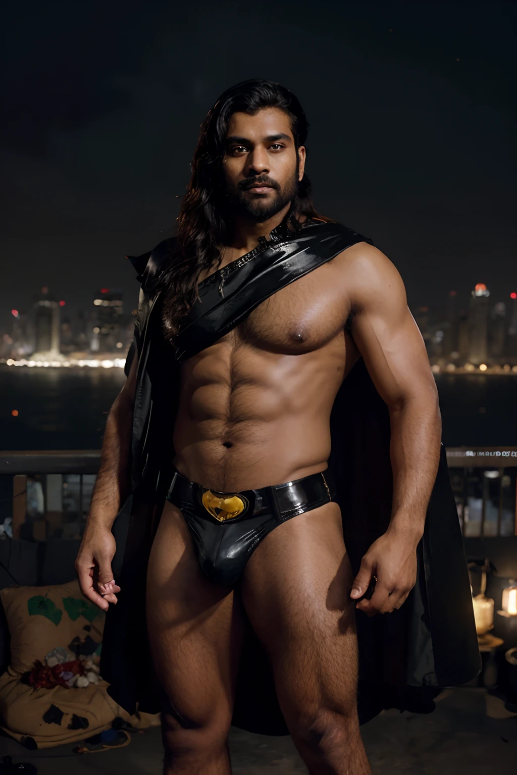 Indian Man wearing Only a Shiny Black Latex Short Underpants, Shirtless, No tops, Bare Body, Golden Batman Symbol Belt, Medium Long curly Hair falling aside face, Beards, Black Cape, Big Dick, Bulky Physique, Hairy Body, Tan Skin Complexion, Standing, Crossed Arms, Dark Semi-ruined Gotham Cyberpunk City in Background