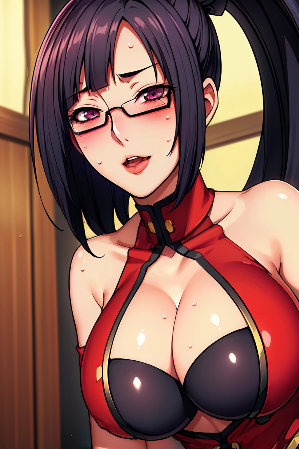 at the bedroom, (blushing face:1.4), (sweaty:1.4), tongue out, (grabbing breasts 1.6),Red dress, chinese clothes, cleavage cutout, clothing cutout, bare shoulders, semi-rimless eyewear, black hair, very long hair, ponytail,Bangs,purple eyes, 1 girl, 20yo,Young female,Beautiful Finger,Beautiful long legs,Beautiful body,Beautiful Nose,Beautiful character design, perfect eyes, perfect face,expressive eyes,perfect balance, (innocent_big_eyes:1.0), official art,extremely detailed CG unity 8k wallpaper, perfect lighting,Colorful, Bright_Front_face_Lighting,shiny skin, (masterpiece:1.0),(best_quality:1.0), ultra high res,4K,ultra-detailed, photography, 8K, HDR, highres, absurdres:1.2, Kodak portra 400, film grain, bokeh:1.2, lens flare, (vibrant_color:1.2),professional photograph, (Beautiful,large_Breasts:1.4), (beautiful_face:1.5)