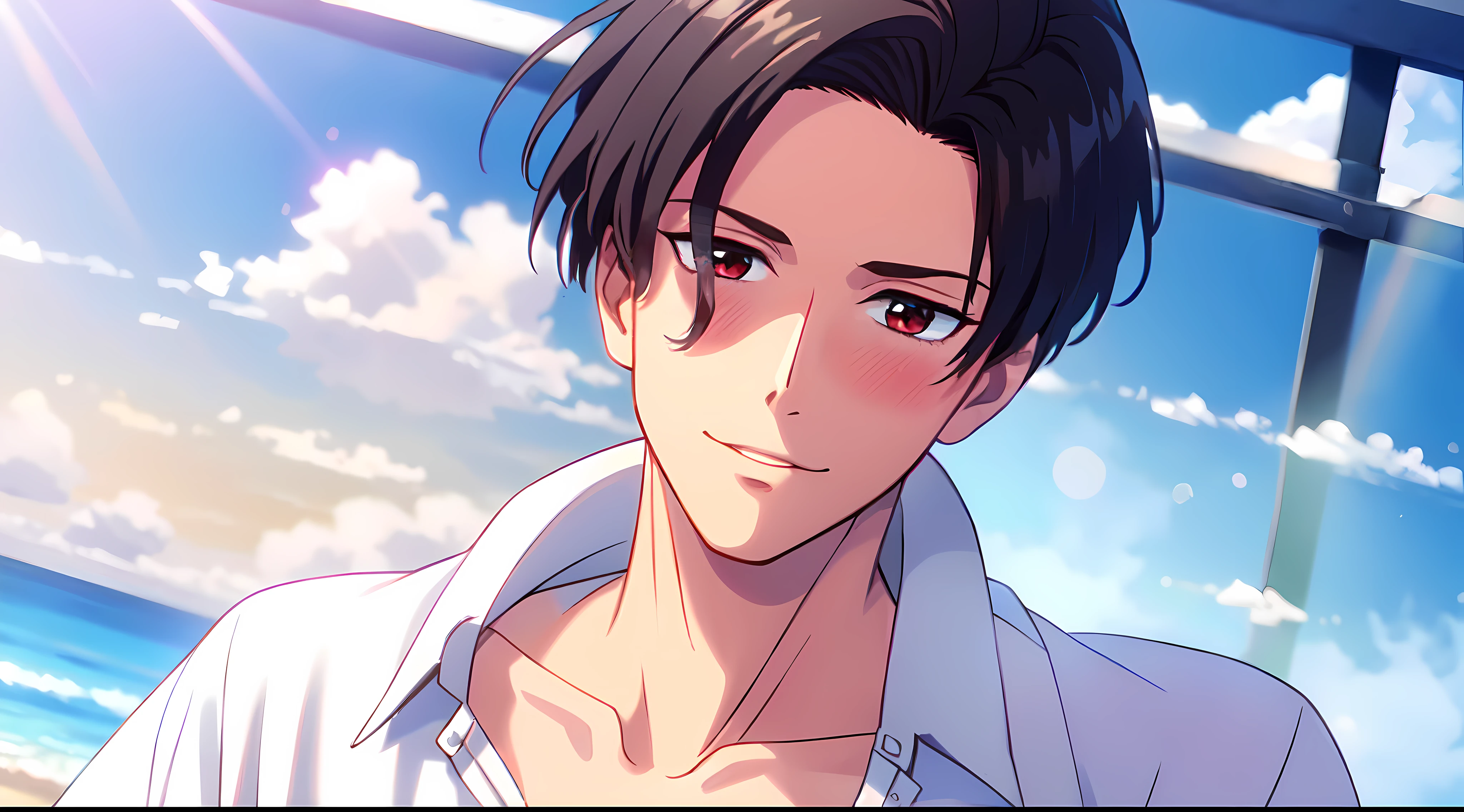 masterpiece, (1Boy), luci, red eyes, black hair, look at viewer, blush, light smile, (Beach), close up, (blue sky), (white colared shirt)