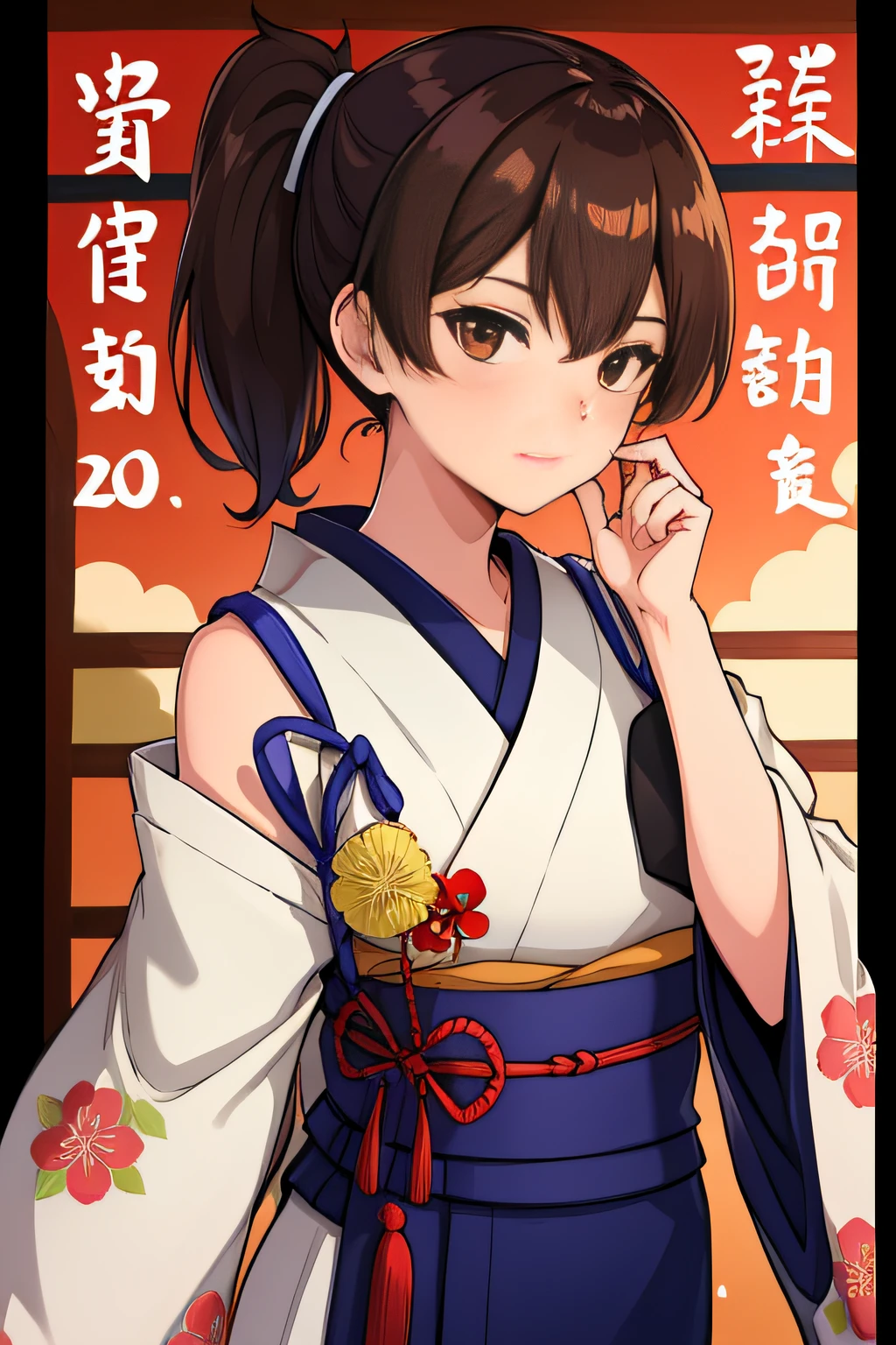 (masterpiece, best quality:1.2),illustration,8k,hd,1girl,solo, brown_hair,side_ponytail,brown_eyes,short_hair,long_hair,large_breasts,Kaga, (newyear_costume), japanese_clothes, kimono, long_sleeves, wide_sleeves, obi, headgear, long hair, kimono, sash, floral print,