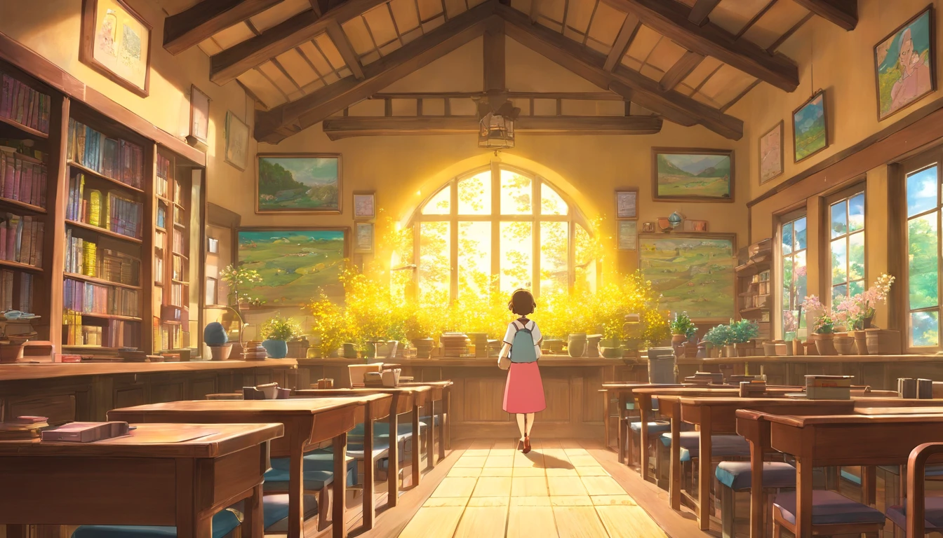 A nice and beautiful teacher, rays of sunshine, janelas, blackboards, nerds, Ghibli-like colours, bloom, UHD, masterpiece