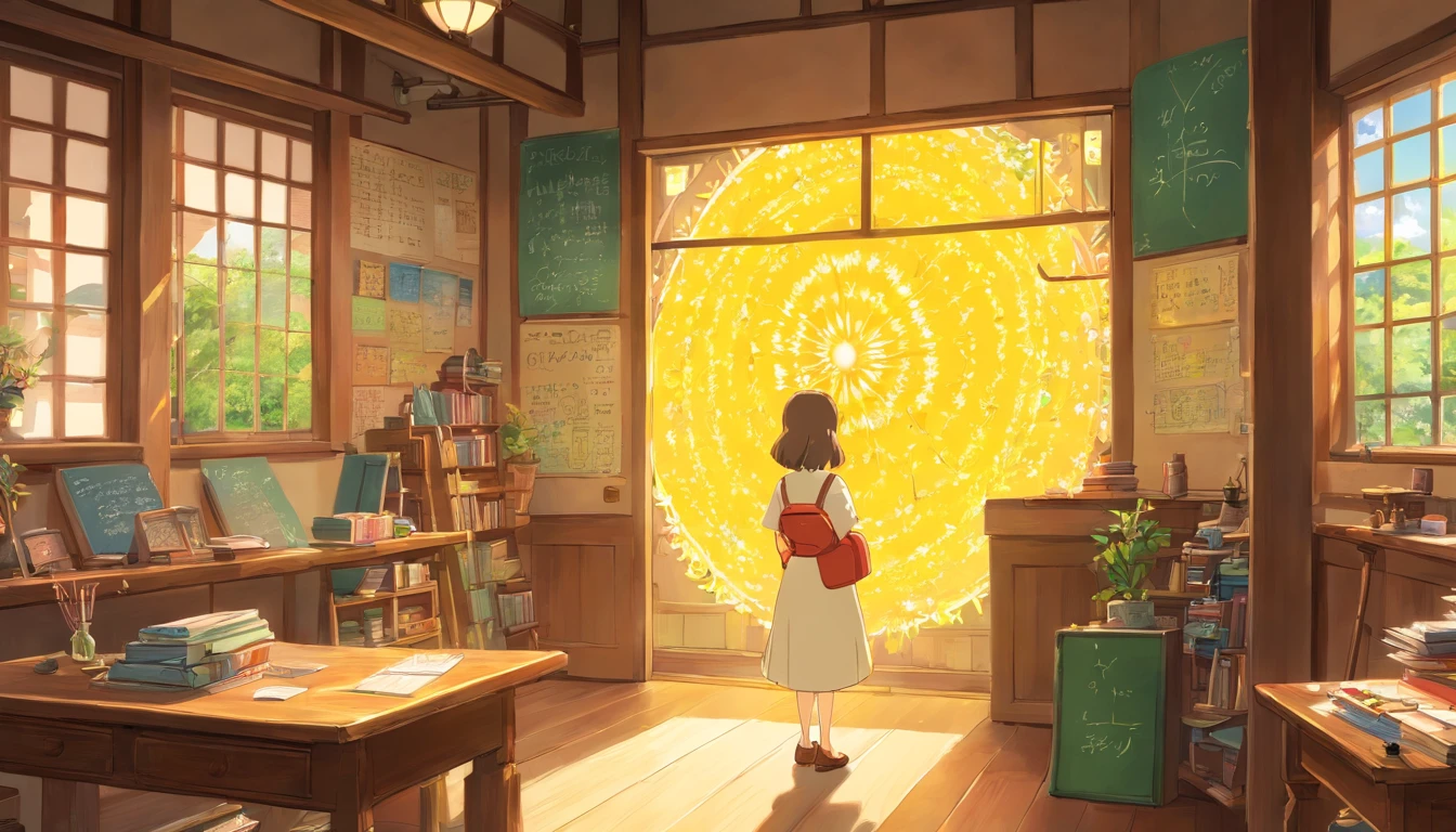 A nice and beautiful teacher, rays of sunshine, janelas, blackboards, nerds, Ghibli-like colours, bloom, UHD, masterpiece
