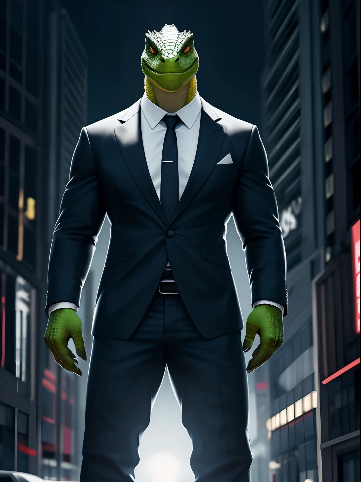 "A photorealistic depiction of an evil, muscular lizard wearing a harlista-style suit. The lizard should be portrayed with a threatening look and a powerful posture, llevando una chaqueta de cuero con detalles de motociclista, gafas de sol oscuras y botas robustas. The background should be an urban and dark environment, resaltando el aura misteriosa del lagarto. Lighting should be intense and dramatic, creating a sinister atmosphere. The camera shot should be a half-length shot, capturing the details of the Harlista-style costume and the intimidating expression of the lizard. Resolution should be 8K or higher to show fine details of lizard scales and suit details. The rendering style should be professional and polished, Suitable for an adventure book cover or movie poster. Artistic inspiration can be taken from photographs of reptiles and dark cityscapes. (((lagarto malvado y musculoso))), (((traje de estilo harlista))), (((entorno urbano y oscuro))), (((intense illumination))), (((toma de medio cuerpo))), (((8K resolution))), (((estilo de renderizado profesional))).»