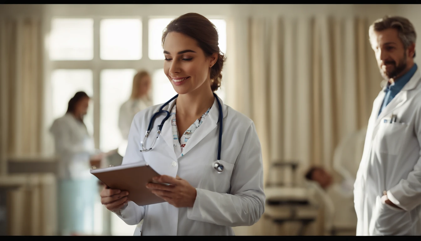(best quality,highres,masterpiece:1.2),(movie stills:1.1),(hospital scene:1.1),(3 healthcare professionals:1.1),(1 nurse:1.1),(holding a notepad:1.1),(looking at the camera:1.1),(close-up:1.1),(bright:1.1),(joyful:1.1),(warm soft sunlight:1.1)