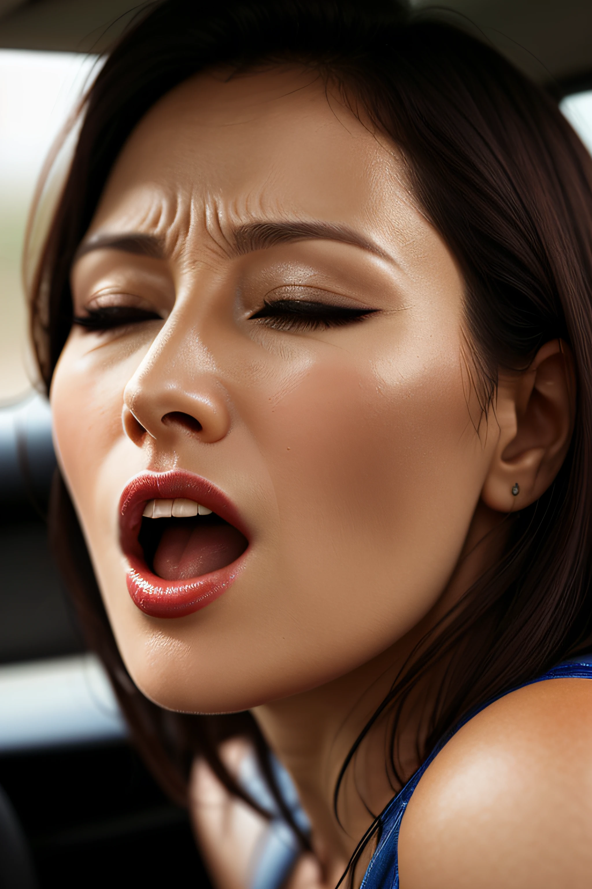 masutepiece,,award - winning photo, Extremely detailed, edgOrgasm,Face Focus, Face Close-up、Woman with mouth open and eyes closed , Woman with Edge _Face、35 year old、A dark-haired、CNN News Anchor、Glossy skin、In the car、