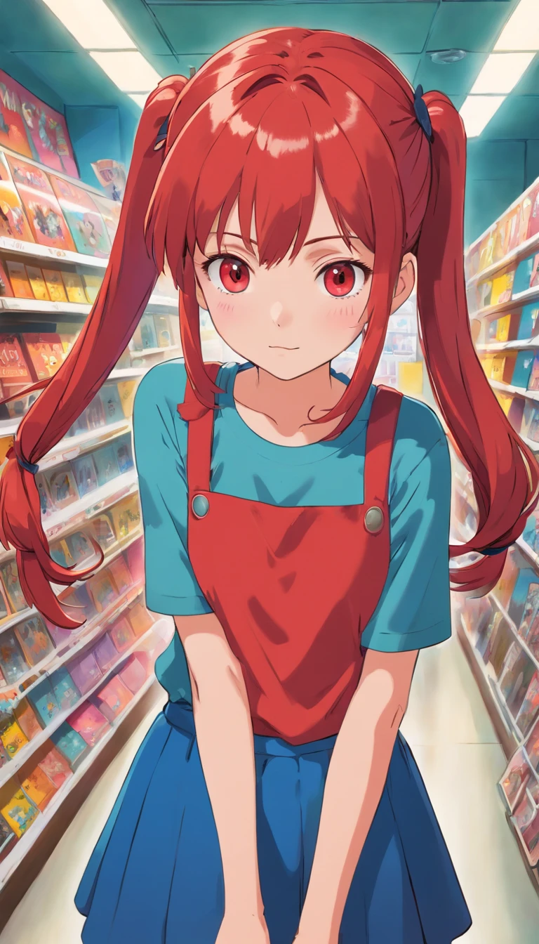 13 year old girl, Pigtails hairstyle, And red hair, With a depraved face, Wear 80s clothes, She is inside a vinyl store.