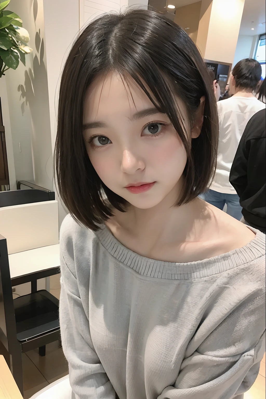 cute 21 year old、Japan、university student、ultra definition face、eye for detail、double eyelid、beautiful thin nose、expression:1.2、Beautiful woman:1.4、(light brown hair、short hair、)、Fair skin、 first class、masterpiece、ultra high resolution、(Photoreal:1.4)、Highly detailed and professional lighting、smile、hotel bedroom、black bathrobe、B cup、sexy
