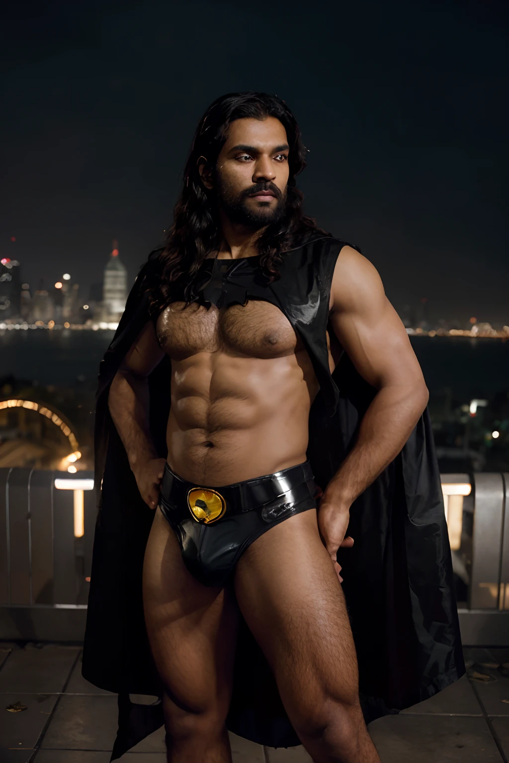 Indian Man wearing Only a Shiny Black Latex Short Underpants, Shirtless, No tops, Bare Body, Golden Batman Symbol Belt, Medium Long curly Hair falling aside face, Beards, Black Cape, Big Dick, Bulky Physique, Hairy Body, Tan Skin Complexion, Standing, Crossed Arms, Dark Semi-ruined Gotham Cyberpunk City in Background