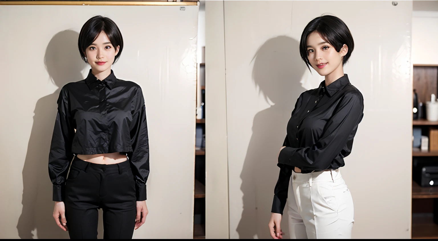 87
(a 20 yo woman,is standing), (A hyper-realistic), (masutepiece), ((short-hair:1.46)), (Smooth black hair), (Breast:1.0), (kindly smile), wear long pants, (Wearing a long-sleeved shirt), (Beautiful skin:1.5), (Big paintings)