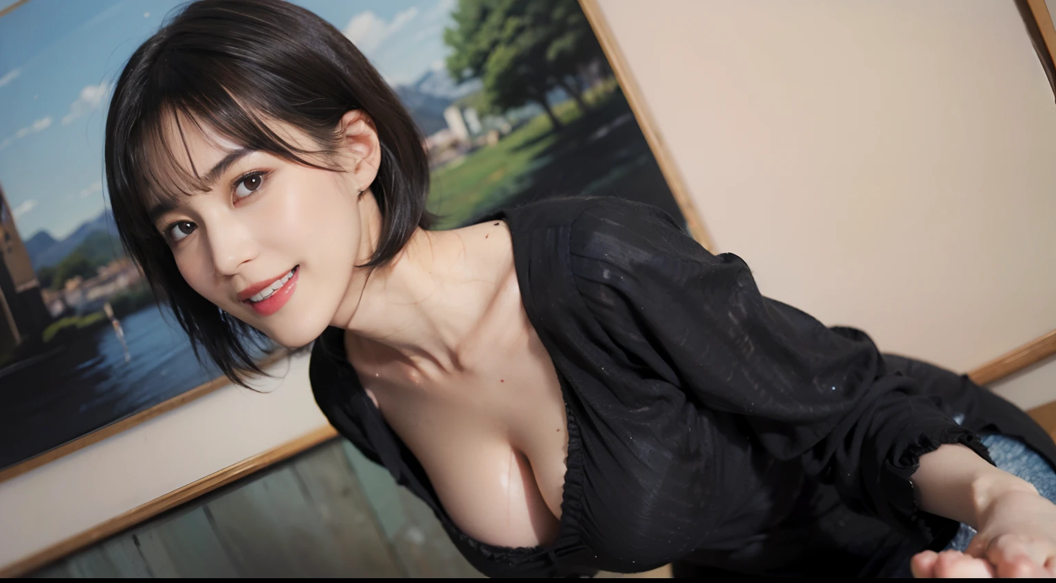 87
(a 20 yo woman,is standing), (A hyper-realistic), (masutepiece), ((short-hair:1.46)), (Smooth black hair), (Breast:1.0), (kindly smile), wear long pants, (Wearing a long-sleeved shirt), (Beautiful skin:1.5), (Big paintings)