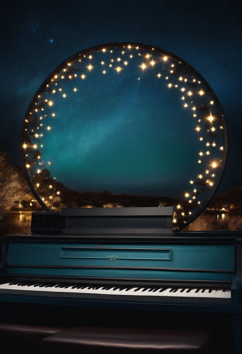 Circular piano keyboard,Aquamarine colored lights,Large and small stars twinkle on the screen
