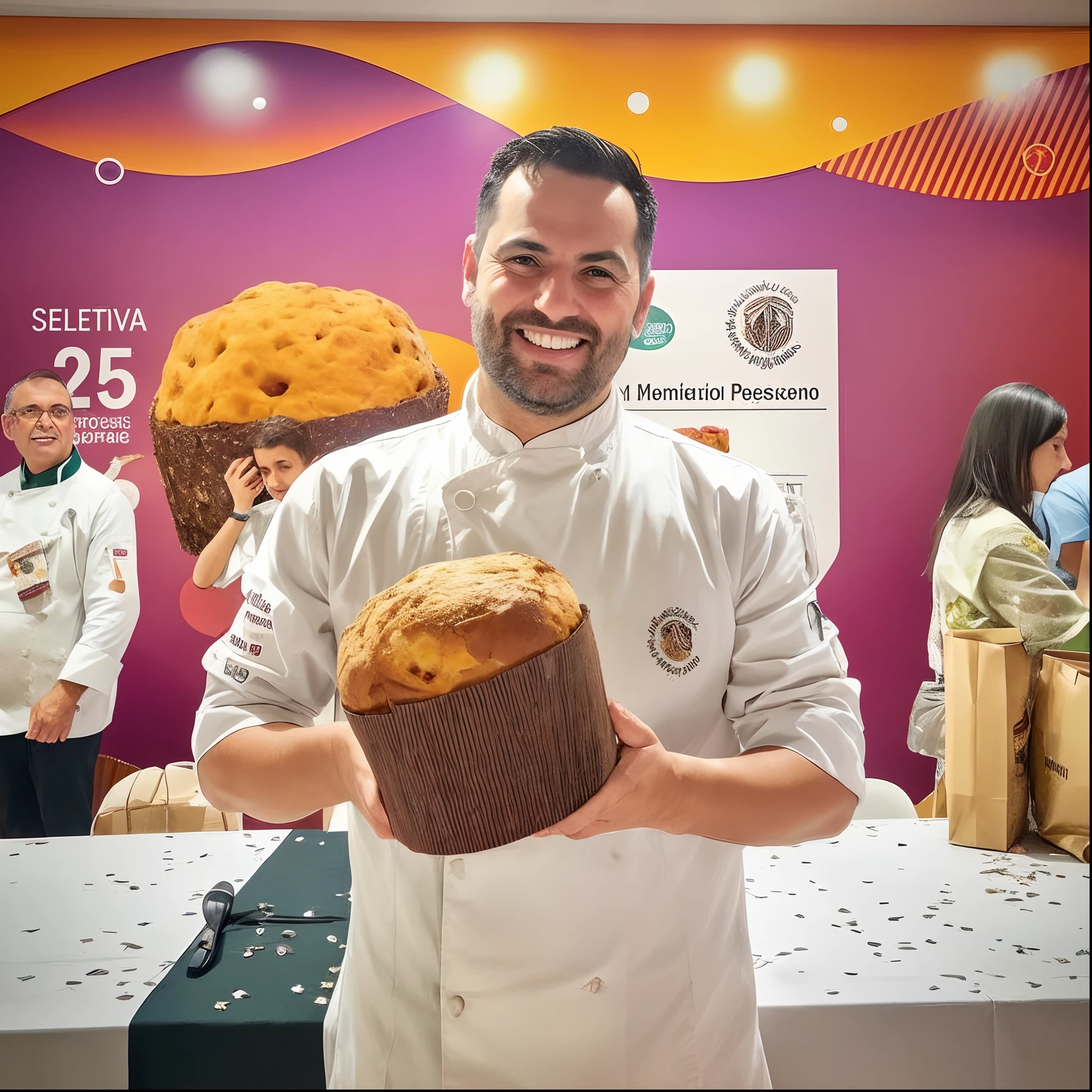 chef segurando um panettone na frente de uma mesa com pessoas ao fundo, Directed by: Matteo Pérez, Directed by: Giorgio Cavallon, competition winning, Carmelo Blandino, Directed by: Luis Molinari, stefano brunesci, Pablo Perdomo, vestido como um chef pasteleiro, Alessandro Barbucci placeholder image, Directed by: Teresa Fasolino, giuseppe dangelico pino