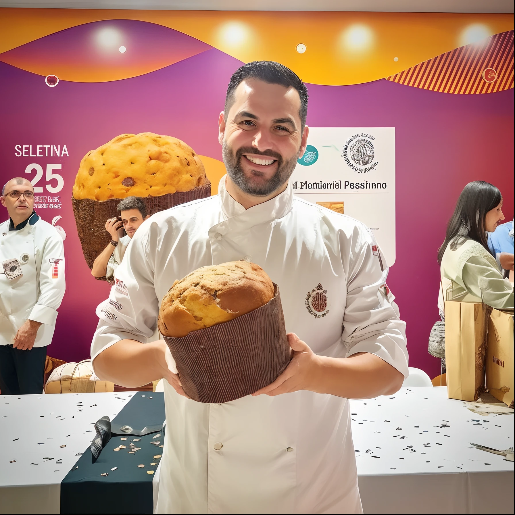 chef segurando um panettone na frente de uma mesa com pessoas ao fundo, Directed by: Matteo Pérez, Directed by: Giorgio Cavallon, competition winning, Carmelo Blandino, Directed by: Luis Molinari, stefano brunesci, Pablo Perdomo, vestido como um chef pasteleiro, Alessandro Barbucci placeholder image, Directed by: Teresa Fasolino, giuseppe dangelico pino