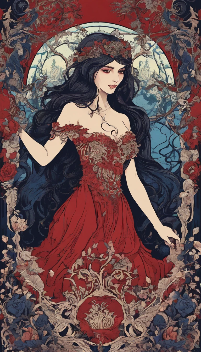 8k, dark fantasy, retro, 80s, night, forest, scary, gloomy, blue roses everywhere, German appearance, a girl of 23 years old, with long black hair, in a simple red dress of the 16th century, with a face similar to Adelaide Kane