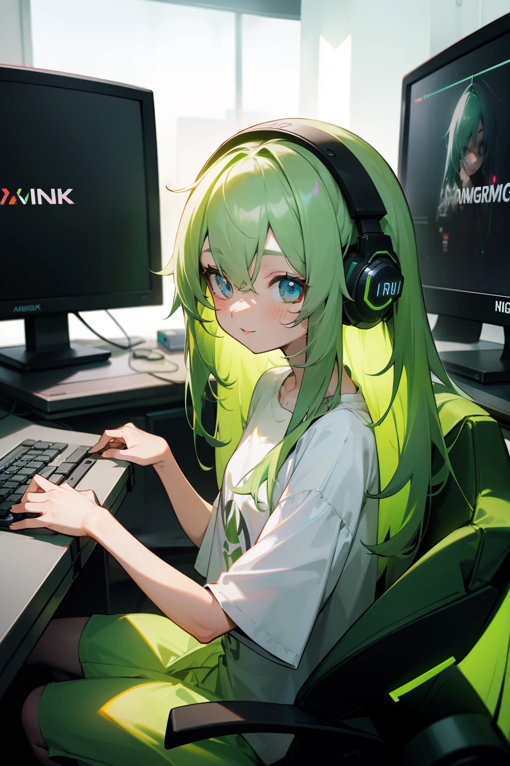 Long ash green hair, random colored eyes, girl, happy, small, cute, big shirt, computer, gaming, rgb lights, headphones, computer bacground