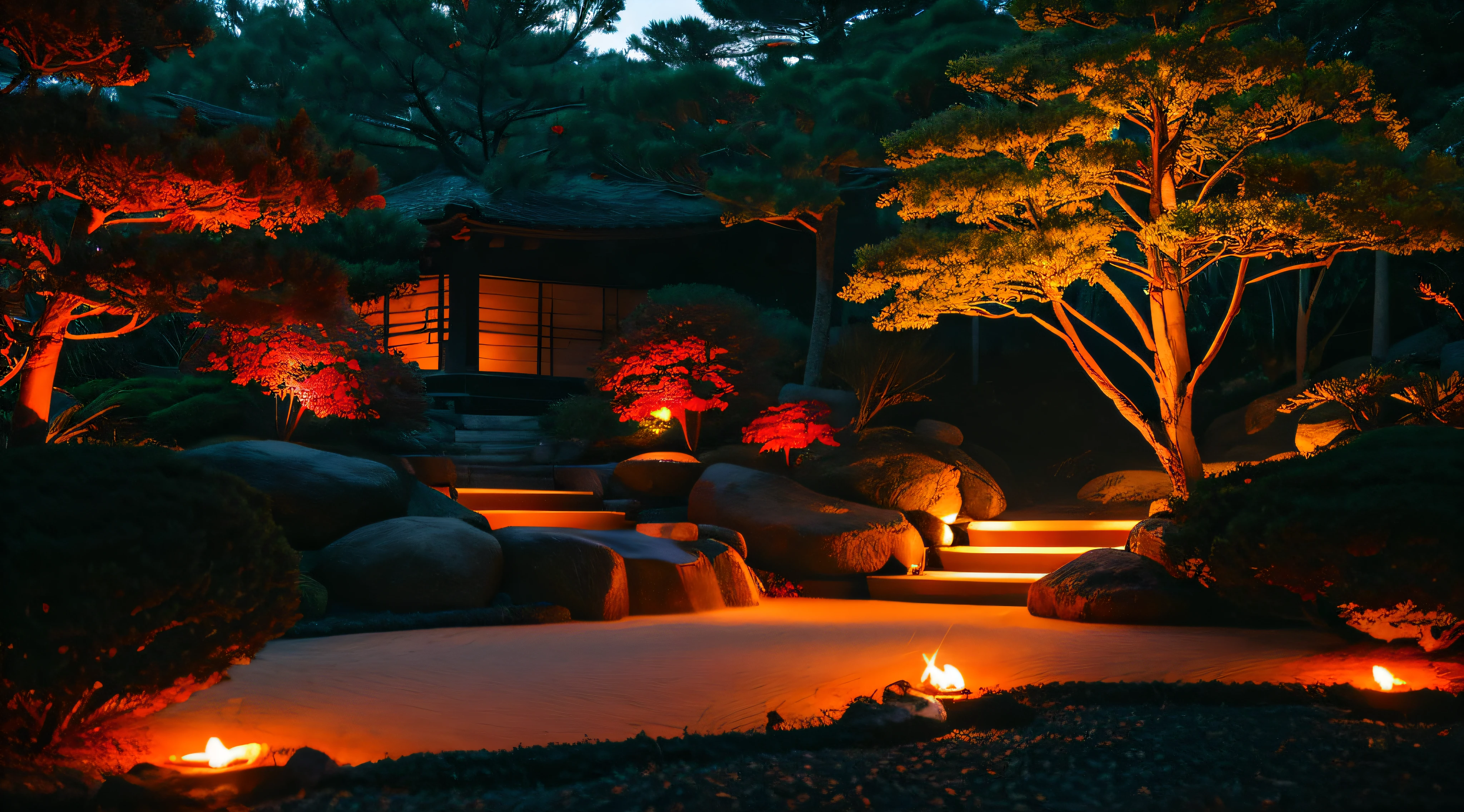 dark background, red element, Japanese garden, high quality, 8k