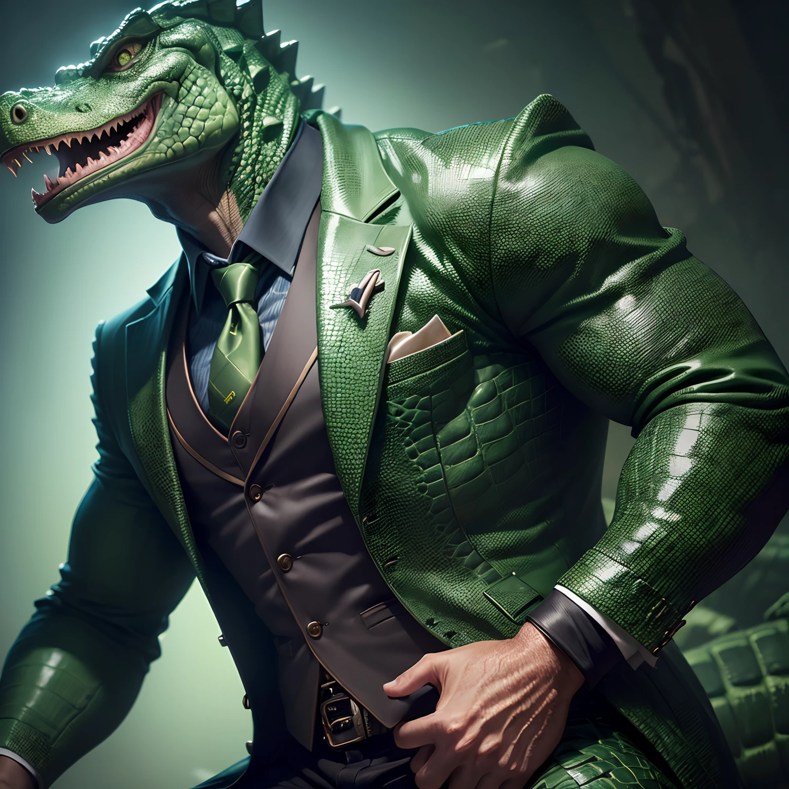 (best quality,ultra-detailed,realistic:1.37),humanoid crocodile with a scaly body and crocodile head,wearing a suit,illustration texture,sharp focus,vivid colors,studio lighting,portraits,green color palette.
