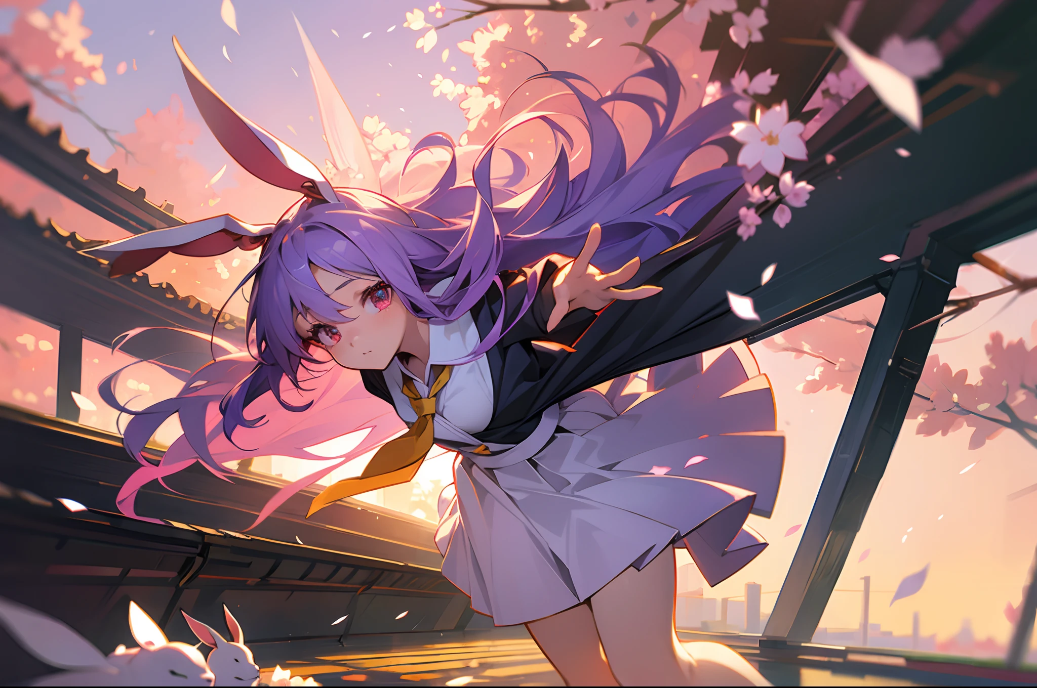 Gorgeous Hair in Long Purple，teens girl，red color eyes，White rabbit ears，Black school uniform，white  skirt，a yellow tie，In the setting sun，Roof，sakura flowers falling