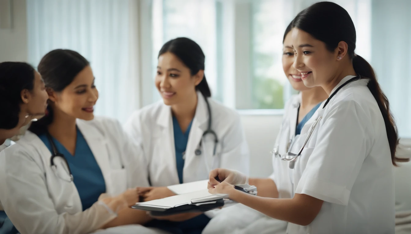 (best quality:1.2,highres),movie still,inside a hospital,3 medical staff,1 nurse,holding a notepad,looking at the camera,Asian people,close-up,bright,happy,warm soft sunlight,professional lighting