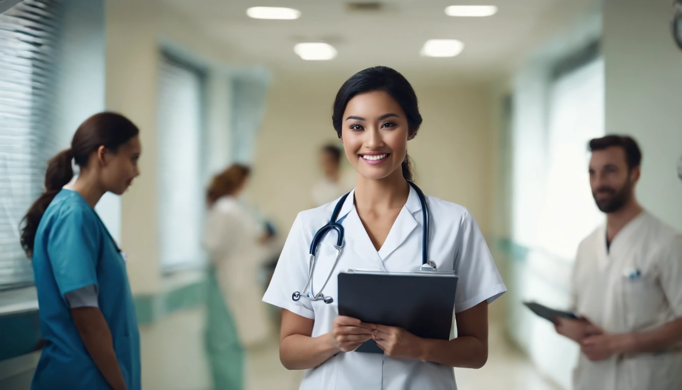 (best quality:1.2,highres),movie still,inside a hospital,3 medical staff,1 nurse,holding a notepad,looking at the camera,Asian people,close-up,bright,happy,warm soft sunlight,professional lighting