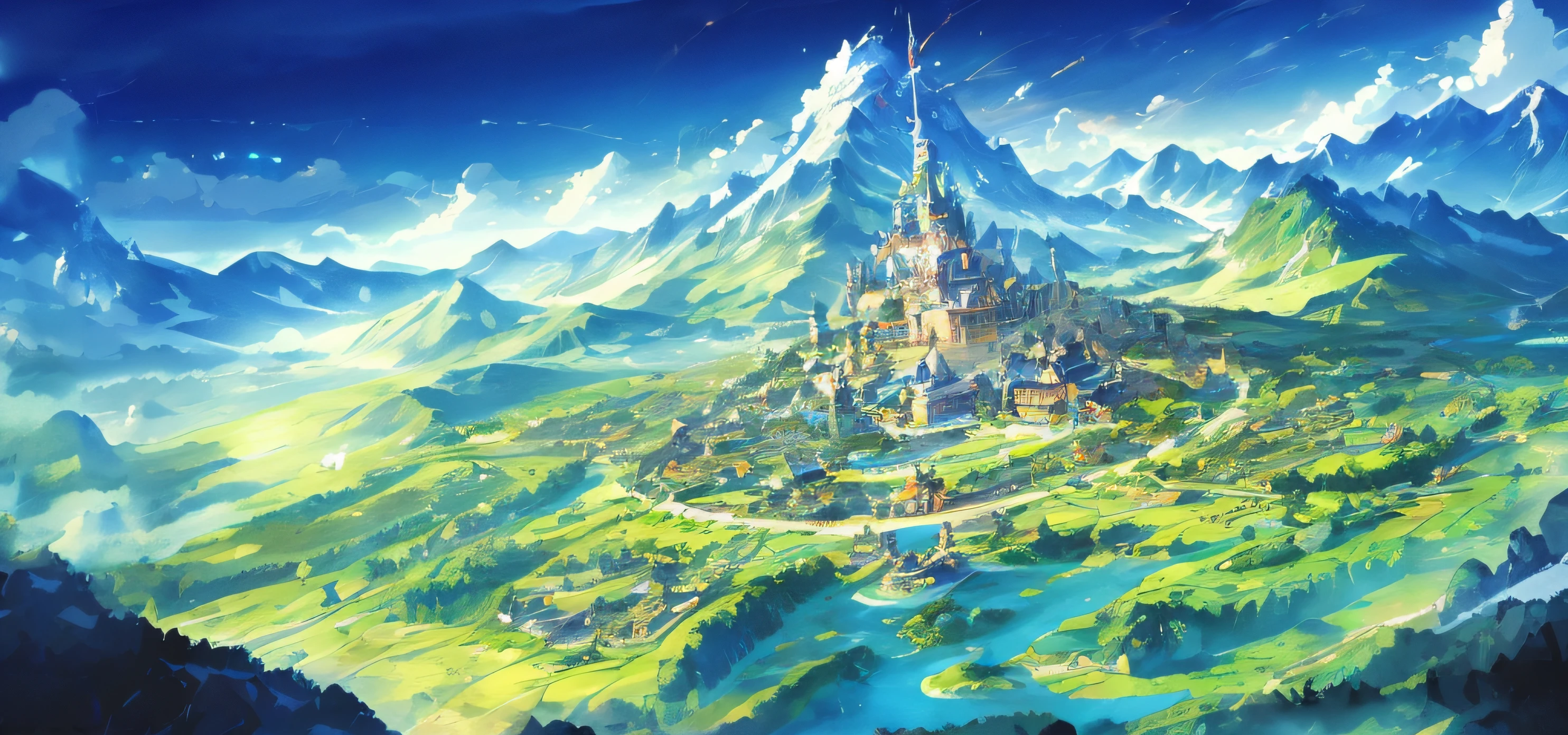 Painting of a castle in the mountains, anime landscape wallpapers, Anime fantasy artwork, beautiful fantasy anime, 2. 5 D CGI anime fantasy artwork, mountain fortress city, amazing wallpapers, Anime fantasy illustration, anime countryside landscape, beautiful anime scenery, colorful anime movie background, high quality desktop wallpaper, Anime art wallpaper 4k, Anime background art