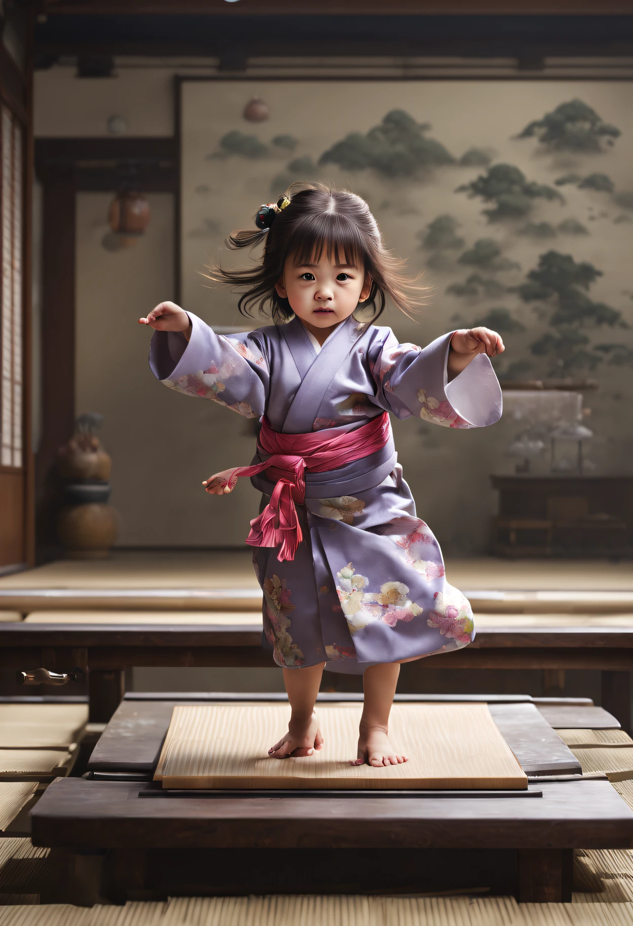 1 girl, A 5-year-old girl wearing a kimono is about to jump off the top of the Go board, looking at viewer, (random hairstyles), (full body:1.5), (photorealistic:1.4), Best quality, 8k, Masterpiece, raw photo, (wide angle lens), Ultra-detailed face, Detailed eyes, (((nice hand, perfect hand)))