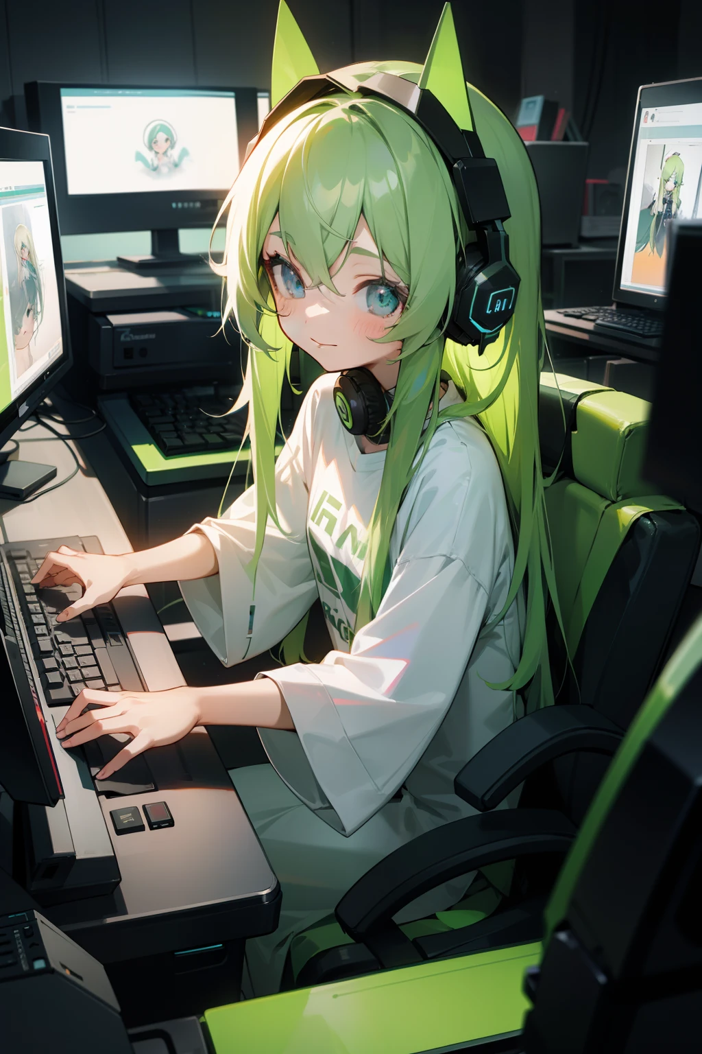 Long ash green hair, random colored eyes, girl, happy, small, cute, big shirt, computer, gaming, rgb lights, headphones, computer bacground